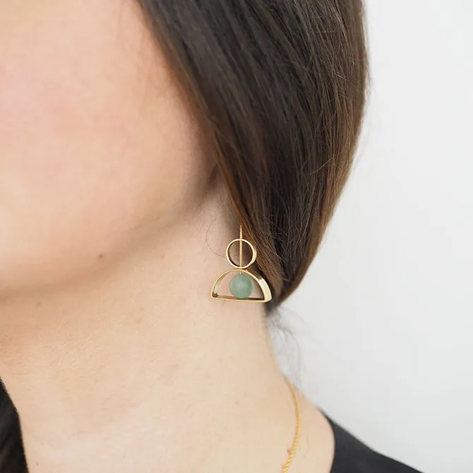 Aventurine, Arch & Circle Brass Earrings by brass bold