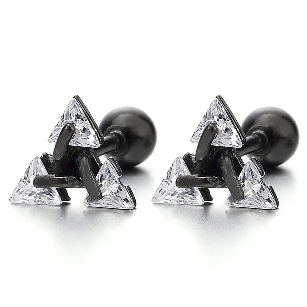 Black Stainless Steel Triangle Cubic Zirconia Stud Earrings for Men and Women, Screw Back Post, 2pcs, Ideal for Adding Sparkle to Everyday Outfits or Special Occasions