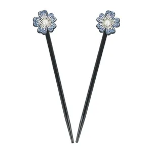 Black Wooden Hair Sticks with Rhinestone Flowers, 2 Pieces (Blue)